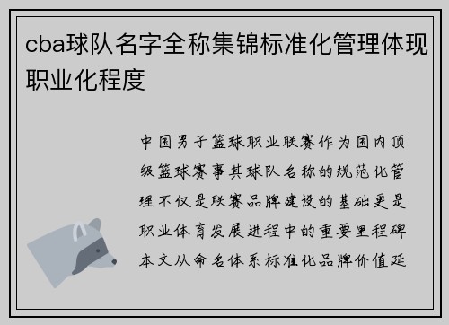 cba球队名字全称集锦标准化管理体现职业化程度